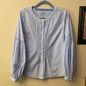 CeCe Blue Checkered Blouse with Embroidery